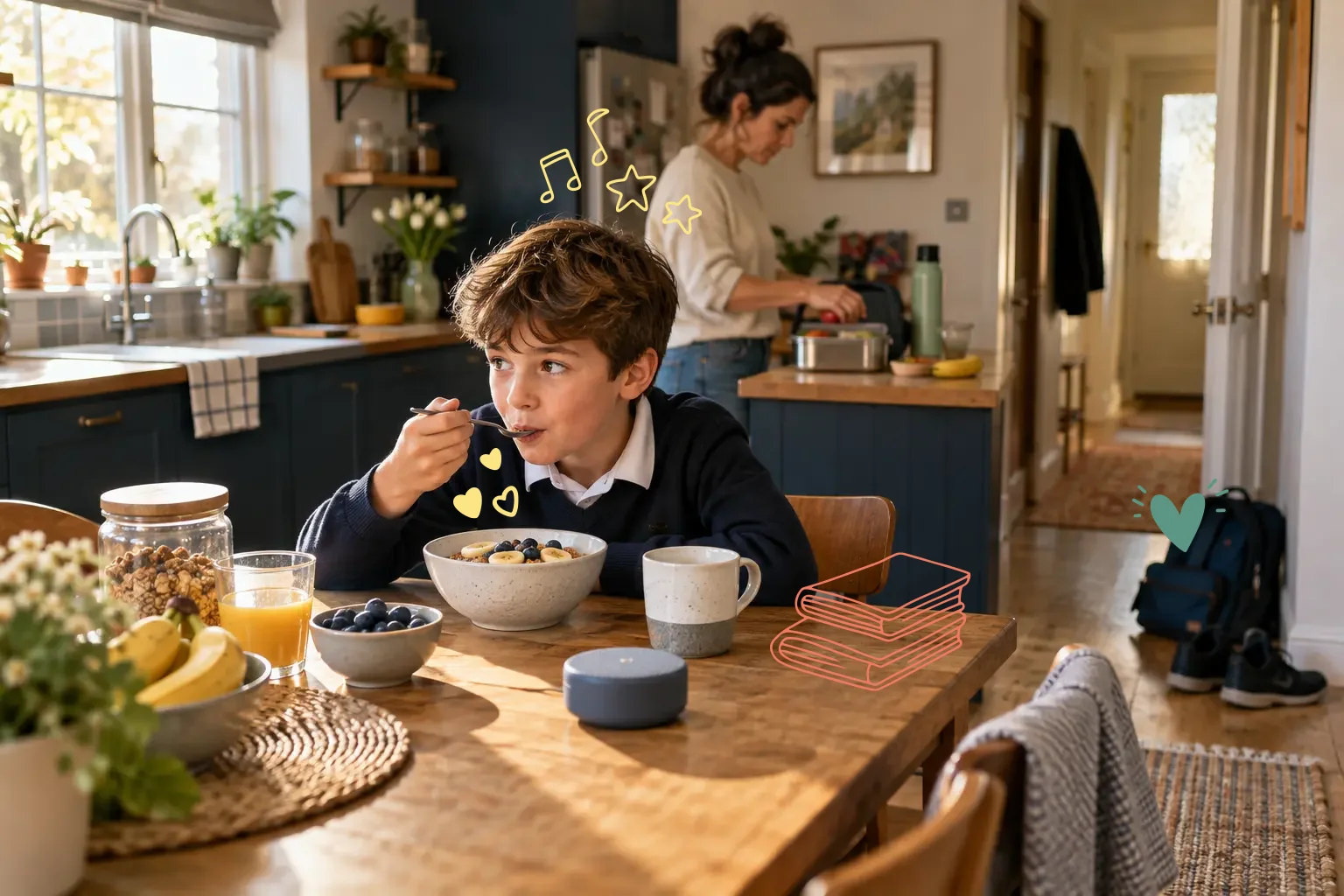 A child eating breakfast while a parent prepares a packed lunch in the kitchen