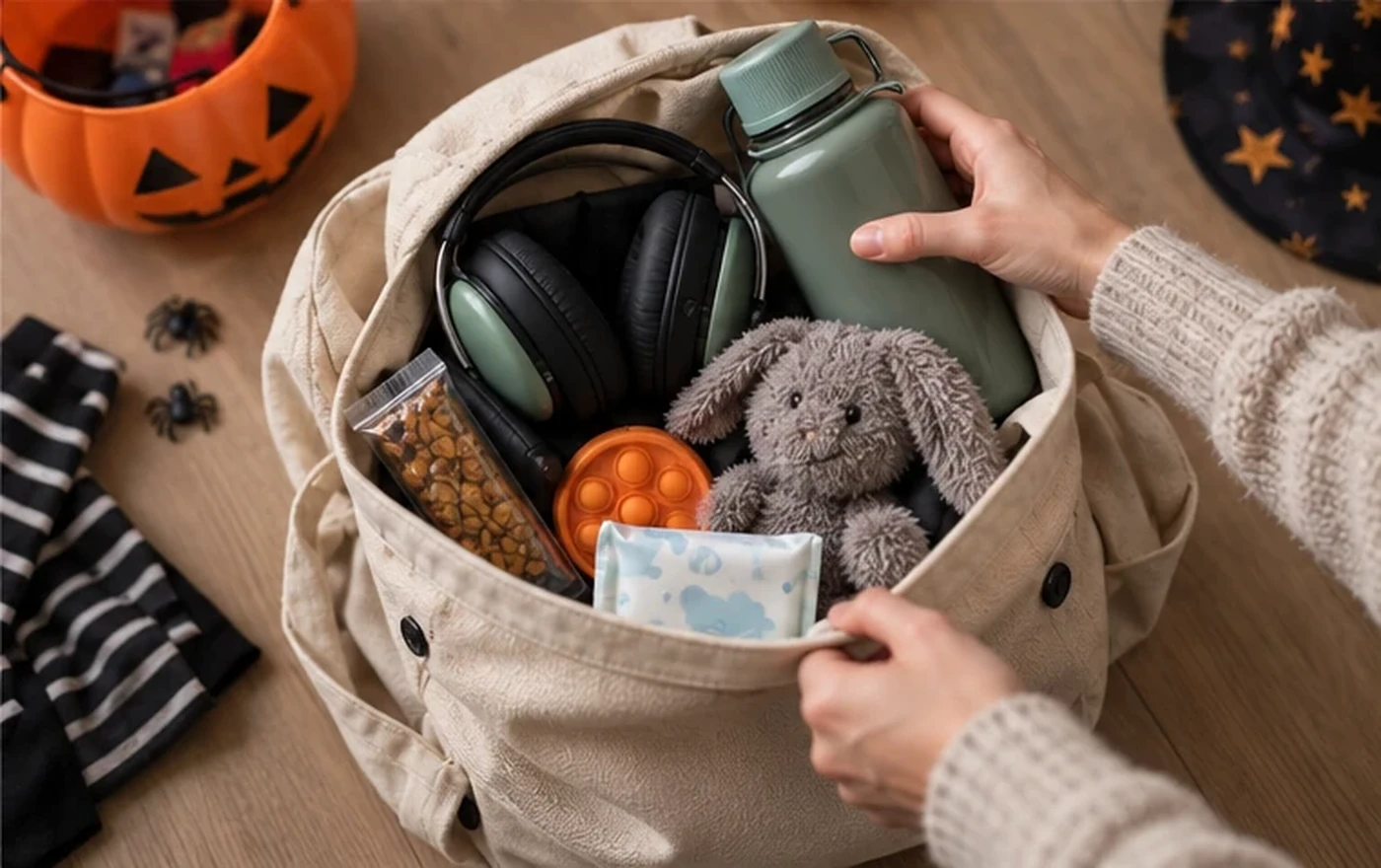 A canvas bag packed with ear defenders, water, a snack, fidget and familiar soft toy for Halloween