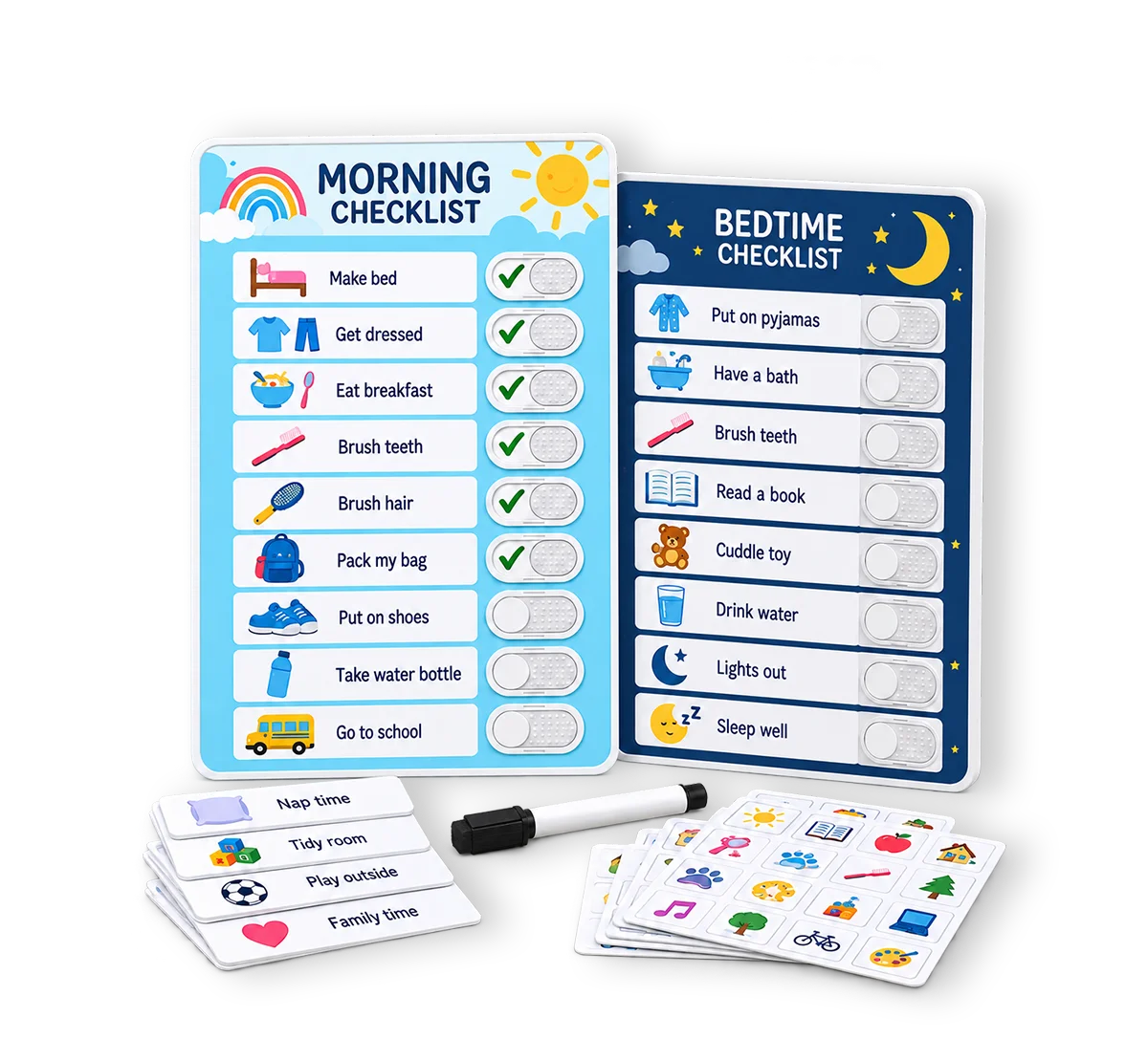 Morning and bedtime routine checklist boards with task cards and marker