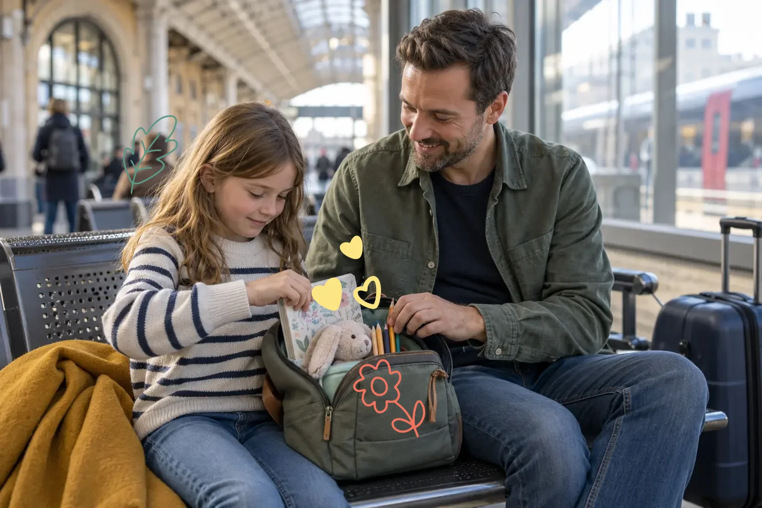 A child using quiet activities during a family car journey