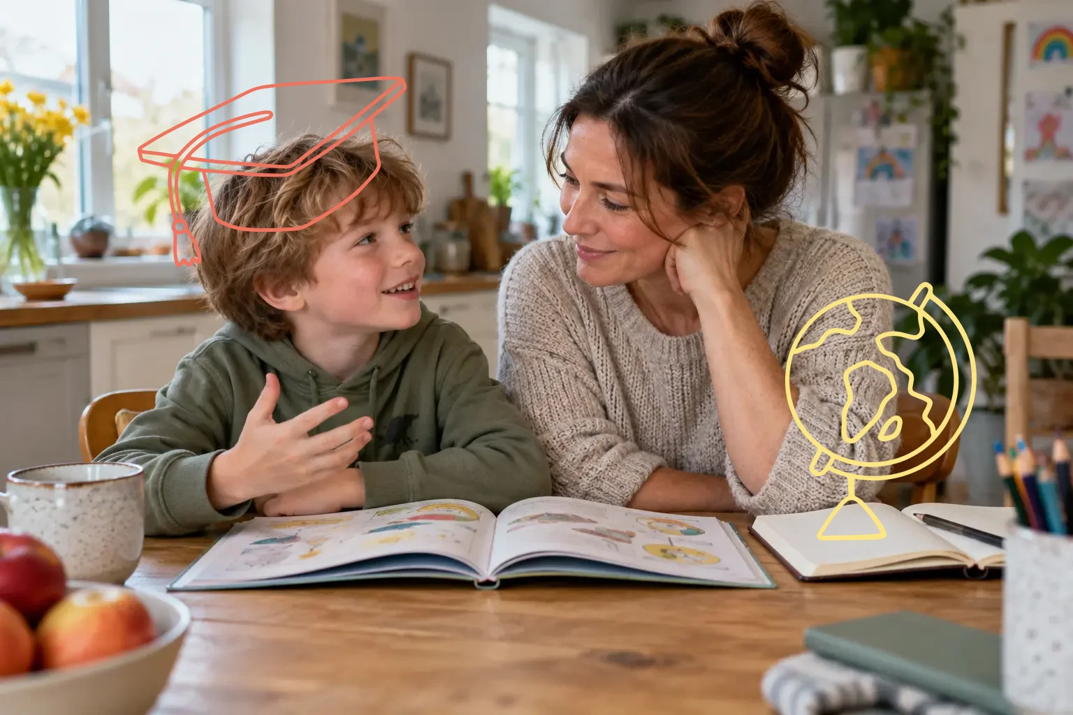 A parent and child talking together while looking at a book