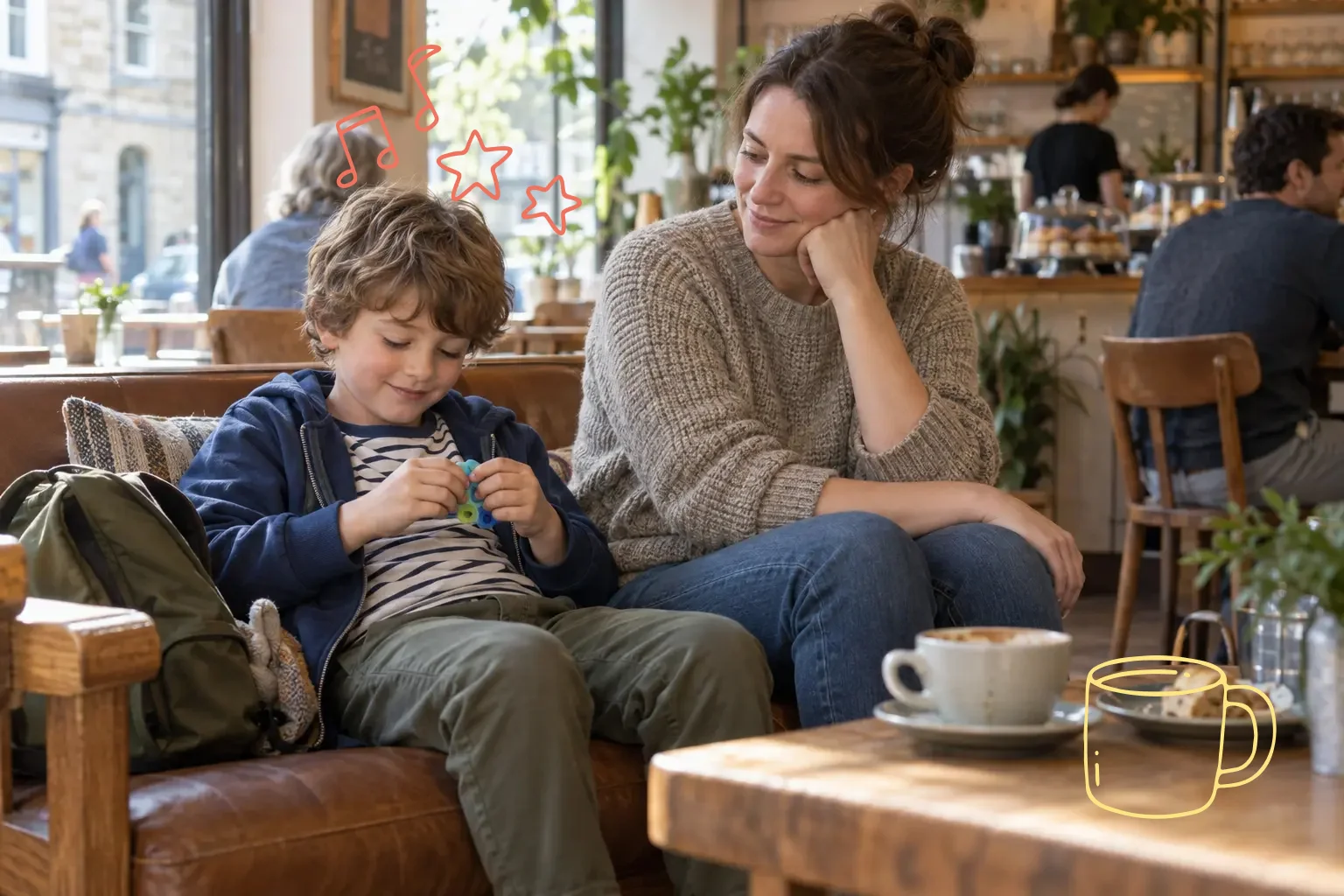 A child using a quiet activity while waiting with a parent